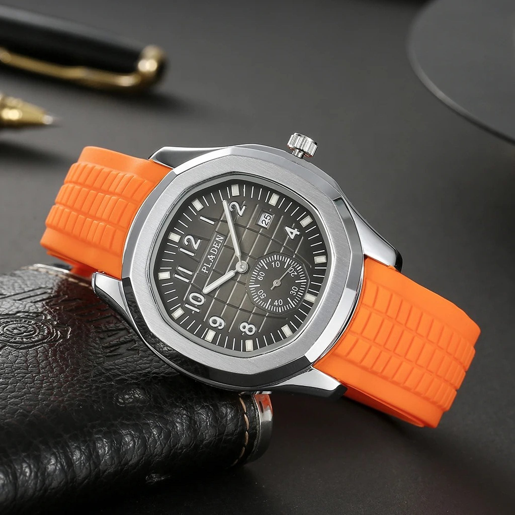 PLADEN orange silicone sport watch side profile