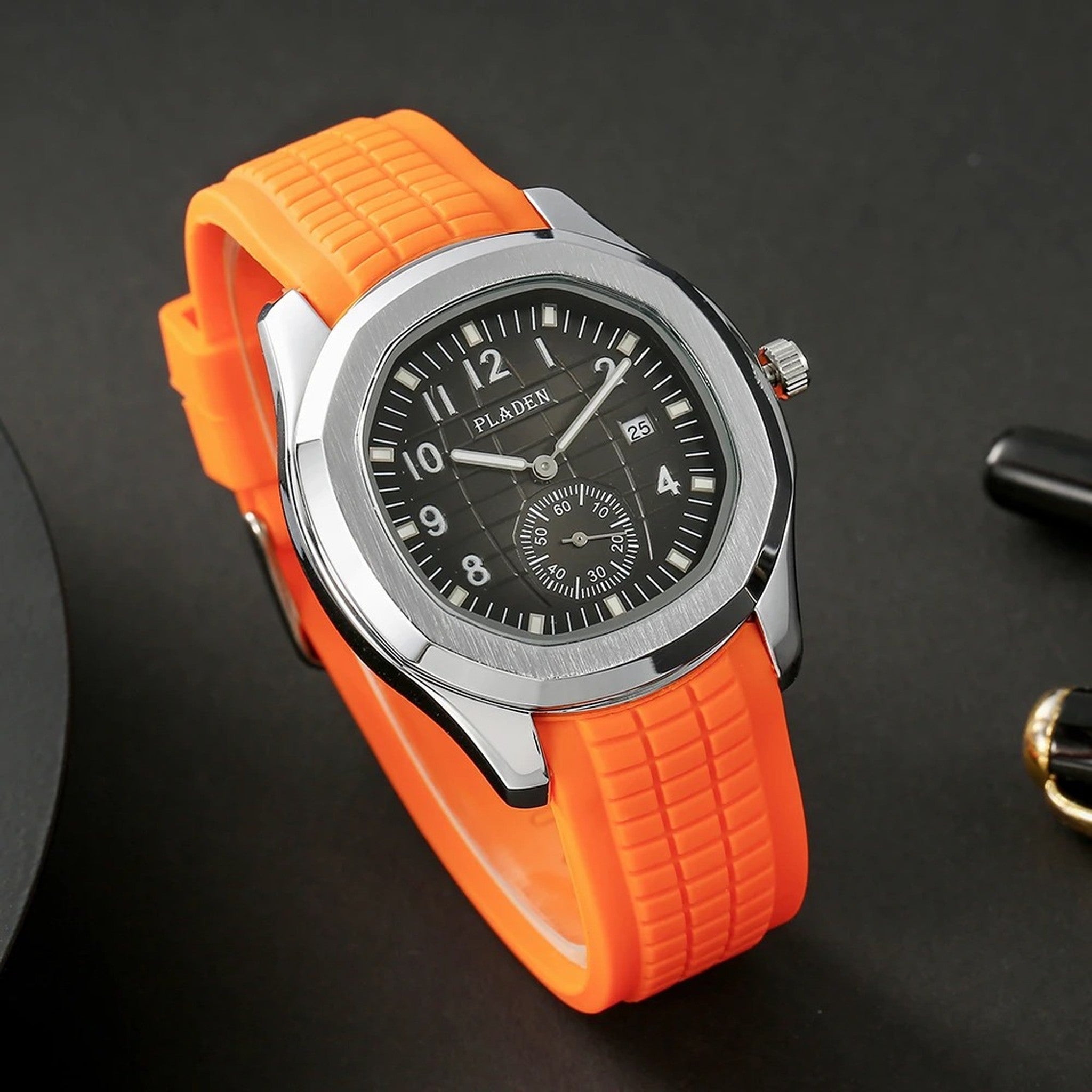 PLADEN orange silicone sport watch upright three quarter view