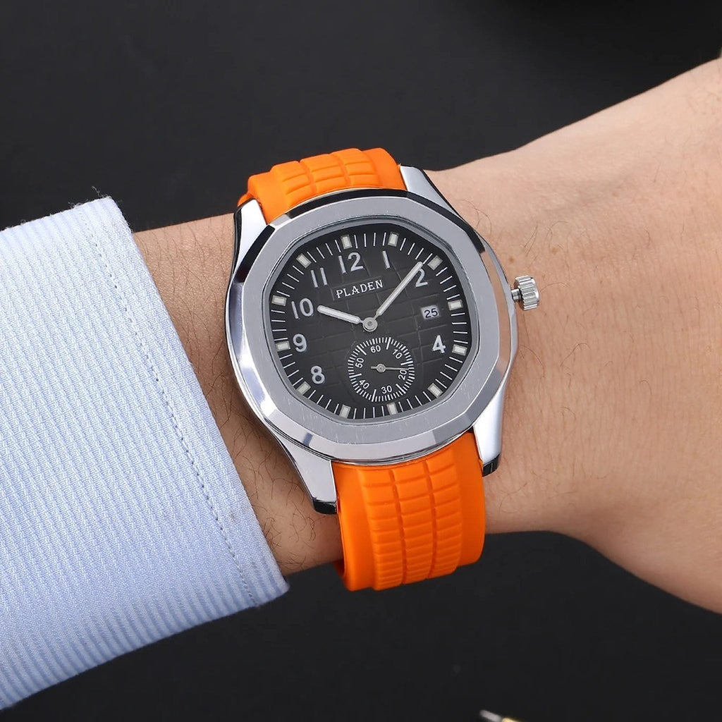 PLADEN orange silicone sport watch worn on wrist
