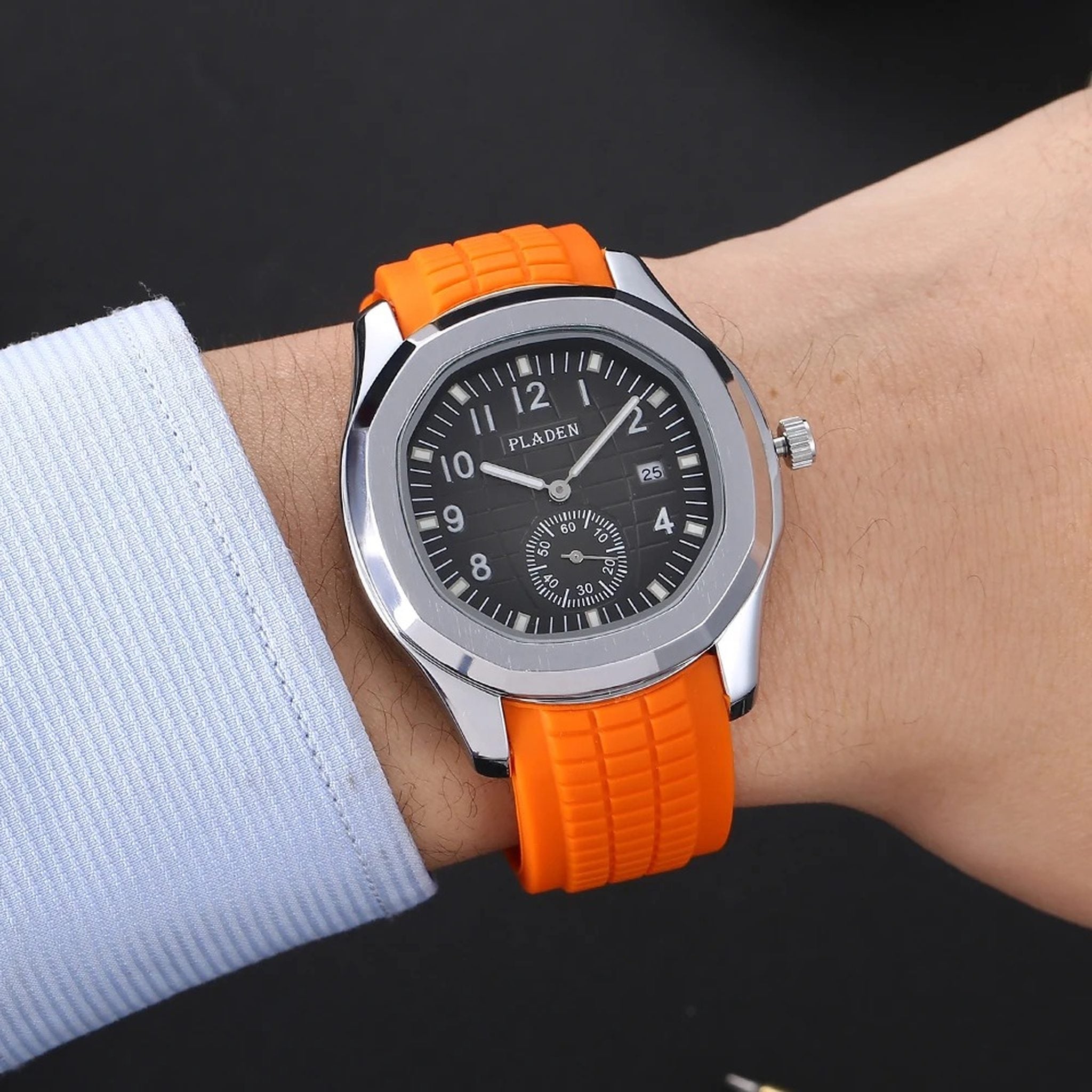 PLADEN orange silicone sport watch worn on wrist