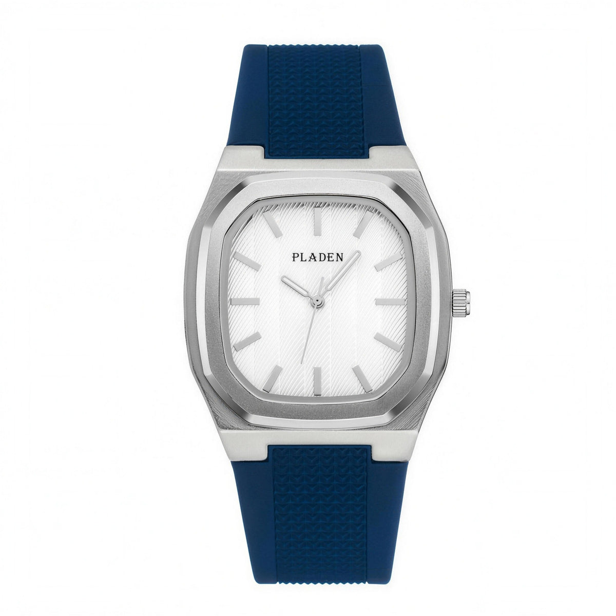 PLADEN minimalist square quartz watch, 40mm, white dial, blue strap