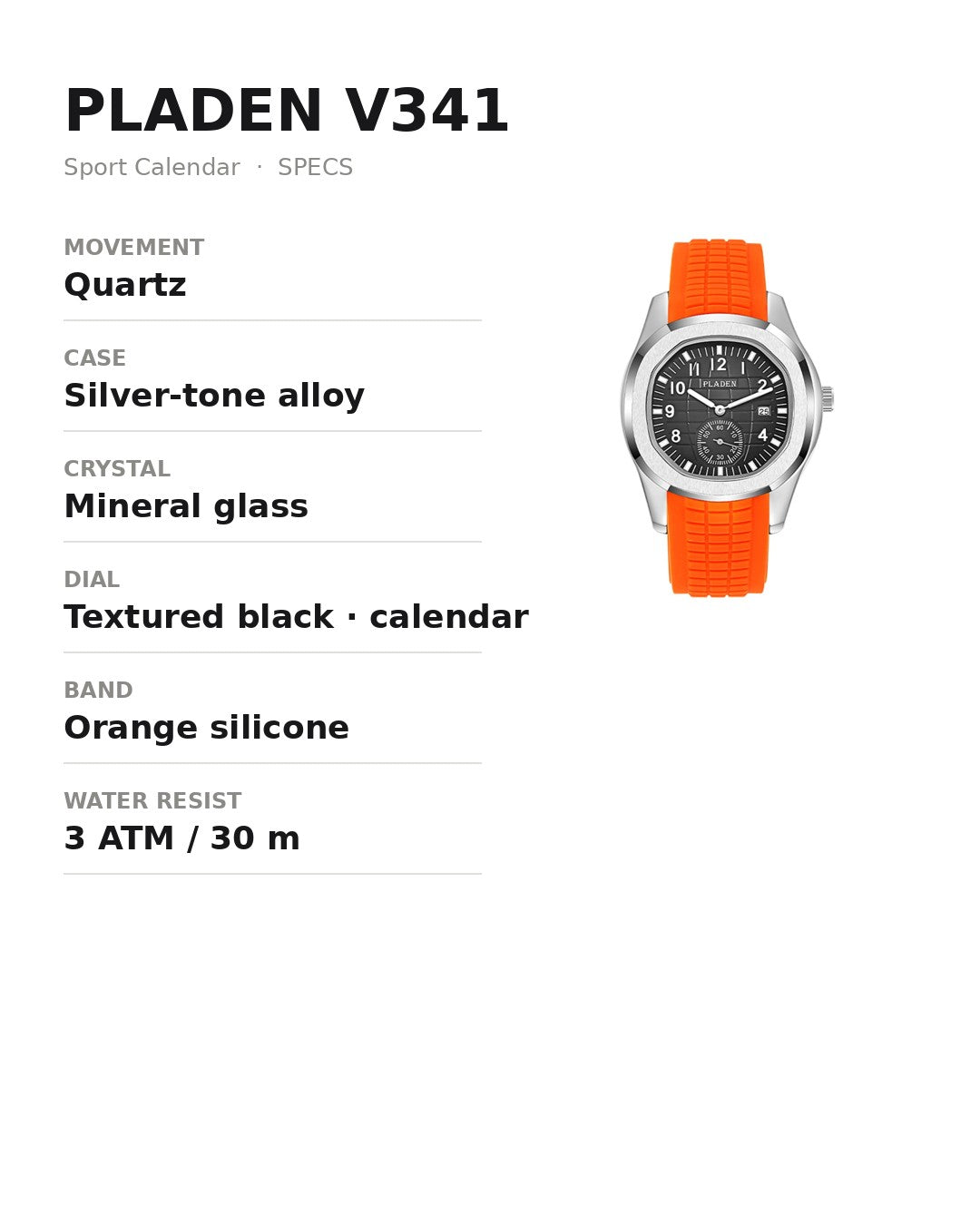 PLADEN V341 sport calendar watch specifications card
