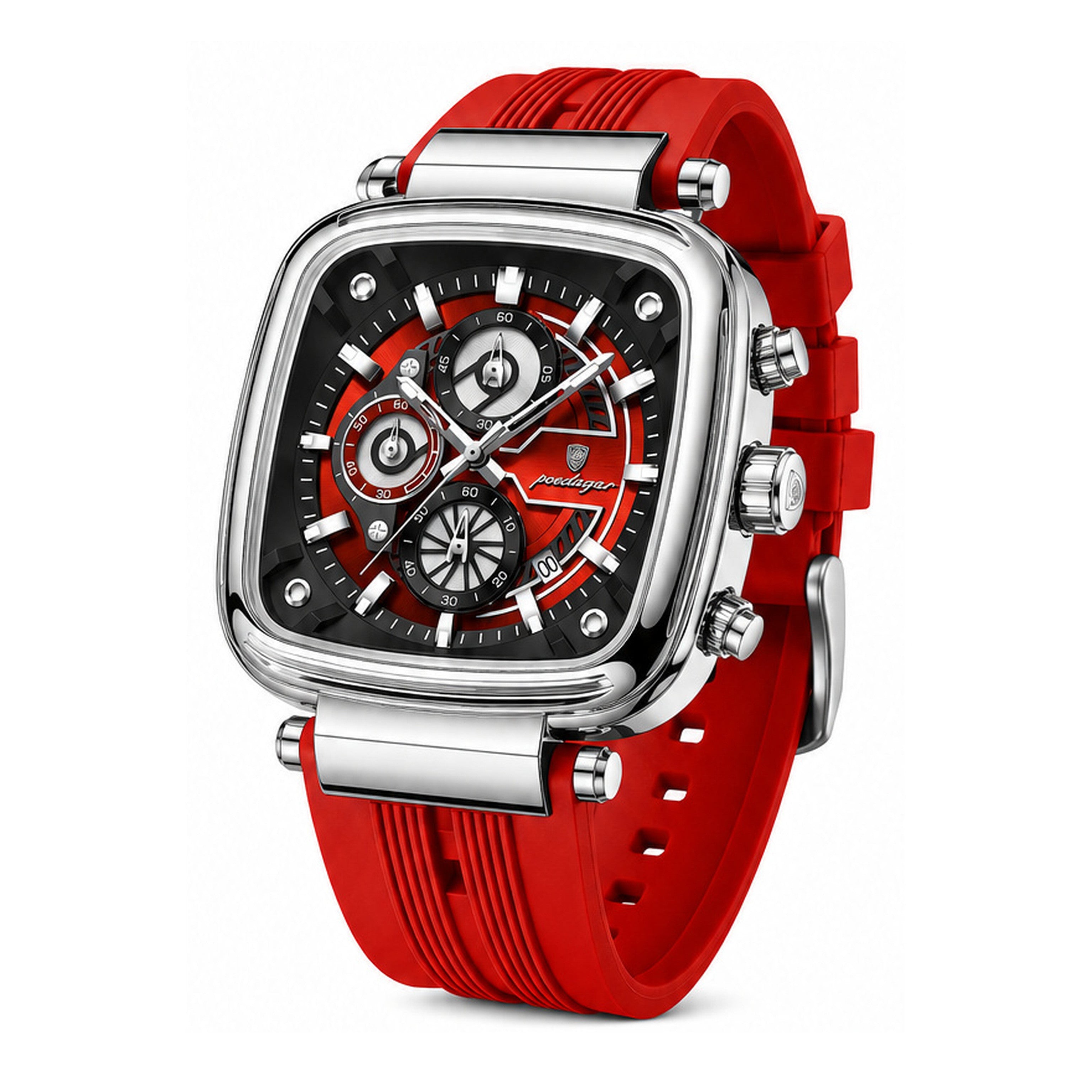 POEDAGAR 849 silver and red square quartz chronograph on white background