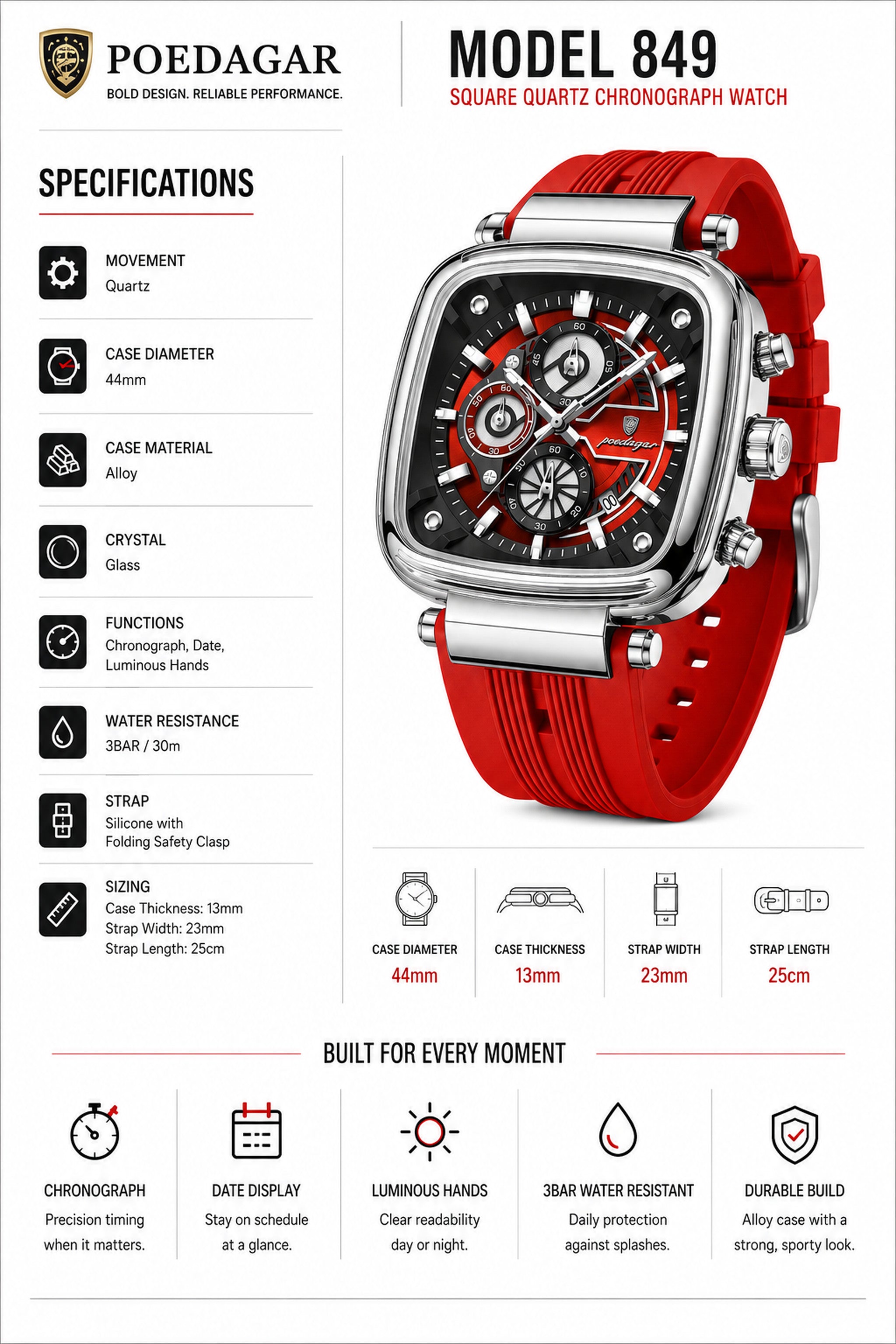 POEDAGAR 849 square quartz chronograph specification graphic