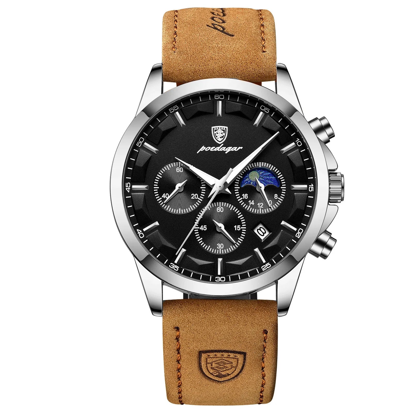POEDAGAR 928 silver case with tan strap, Brown selector #6