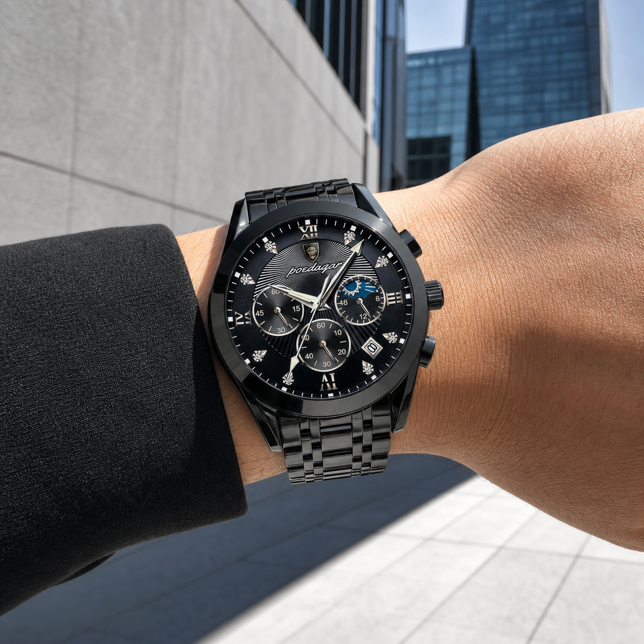 POEDAGAR black-case black-dial chronograph with black steel bracelet worn outdoors