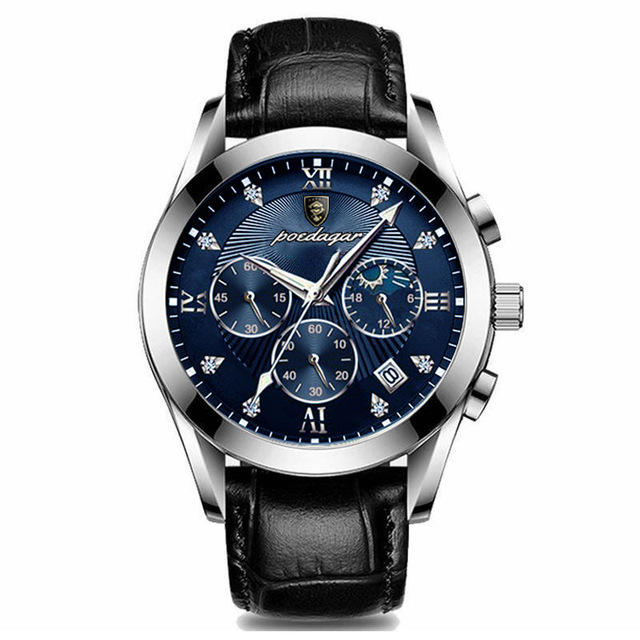 POEDAGAR quartz chronograph with silver case, blue dial, and black leather strap