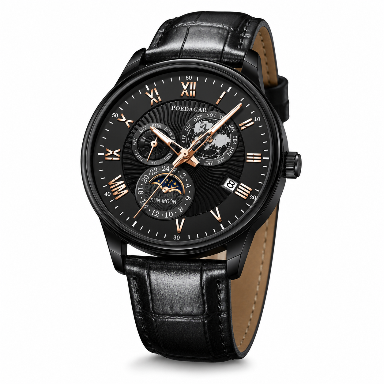 POEDAGAR black case and black dial layered-dial quartz watch on a white background