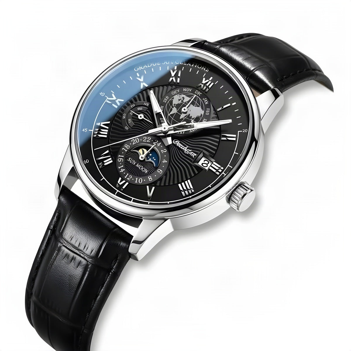 POEDAGAR layered-dial quartz watch, 40mm, silver case, black dial with silver hands and Roman numerals, black leather strap, on white background