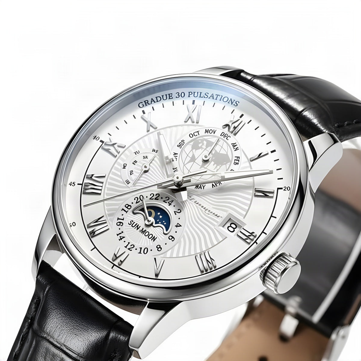 POEDAGAR layered-dial quartz watch, 40mm, silver case, white dial, black leather strap, on white background