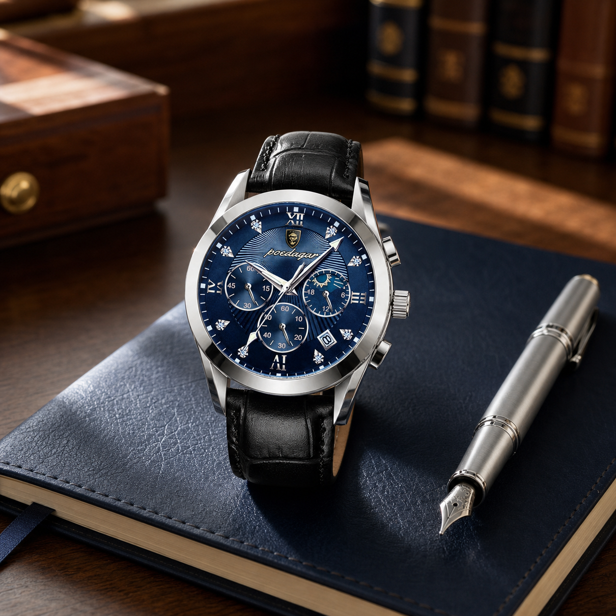 POEDAGAR silver-case blue-dial chronograph with black leather strap on a library desk