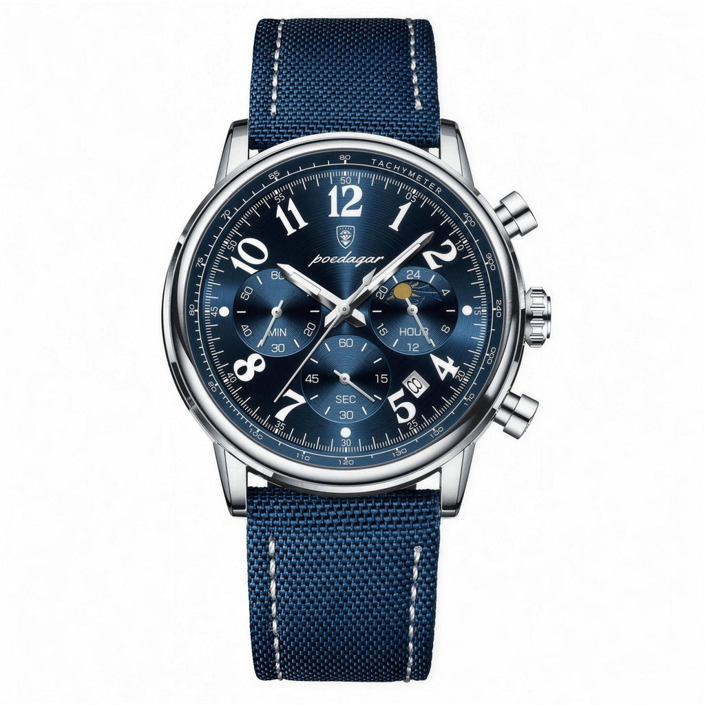 POEDAGAR multi-dial quartz chronograph, 41mm, silver case with blue dial and blue canvas strap