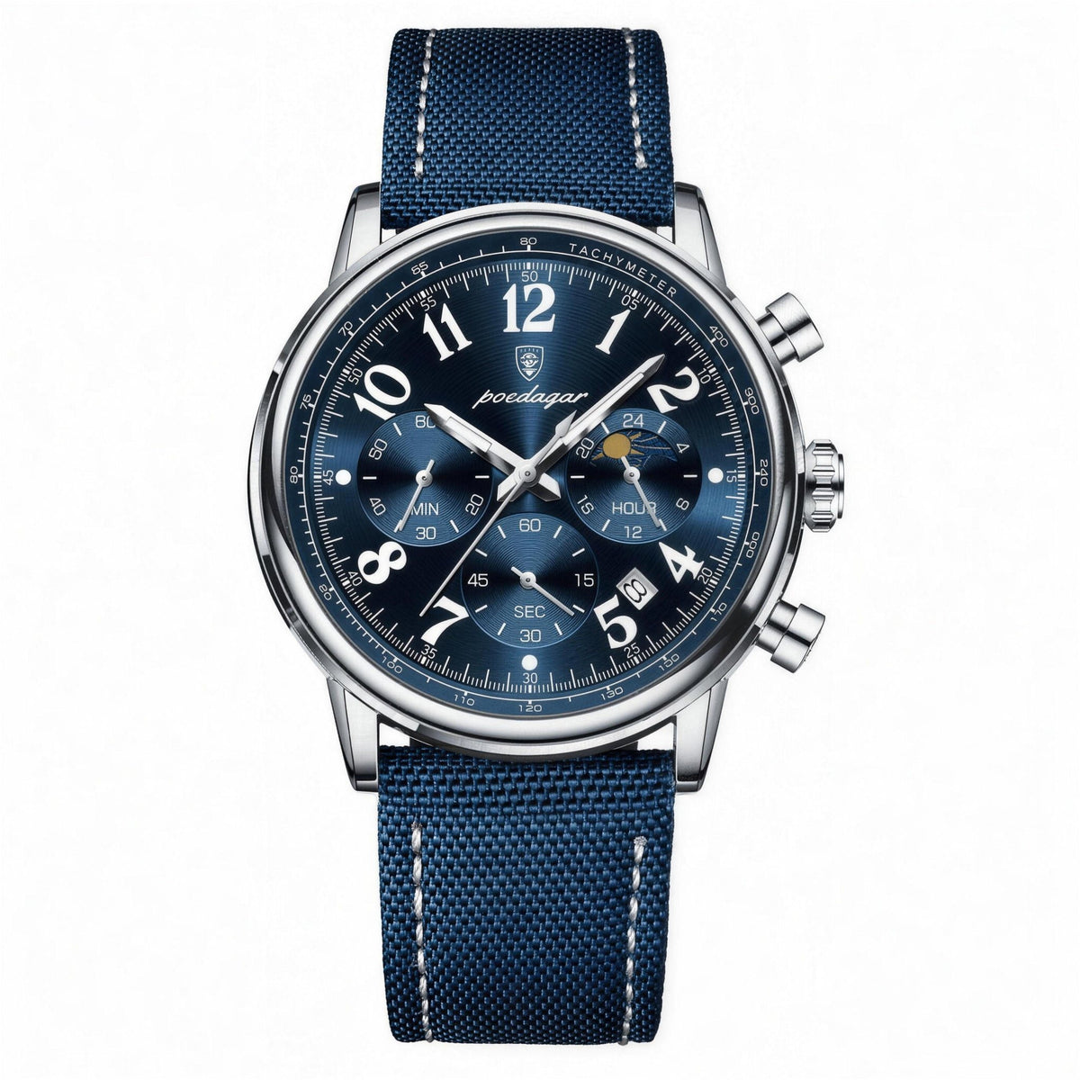POEDAGAR multi-dial quartz chronograph, 41mm, silver case with blue dial and blue canvas strap