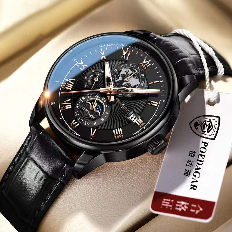 POEDAGAR layered-dial quartz watch with black case, black dial, and black leather strap