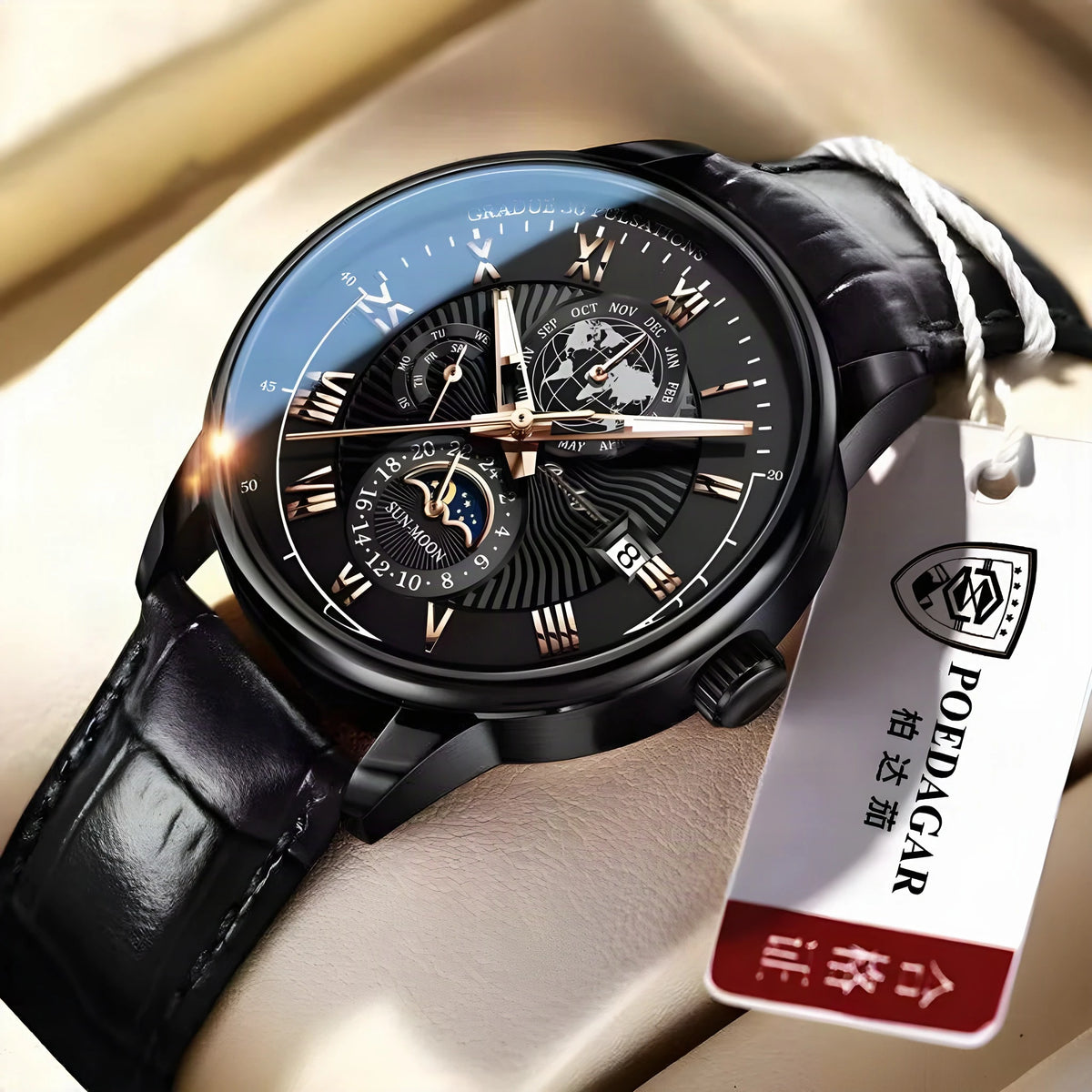 POEDAGAR layered-dial quartz watch, black case, black dial, black leather strap