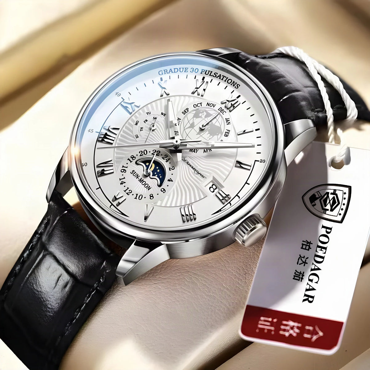 POEDAGAR layered-dial quartz watch, silver case, white dial, black leather strap
