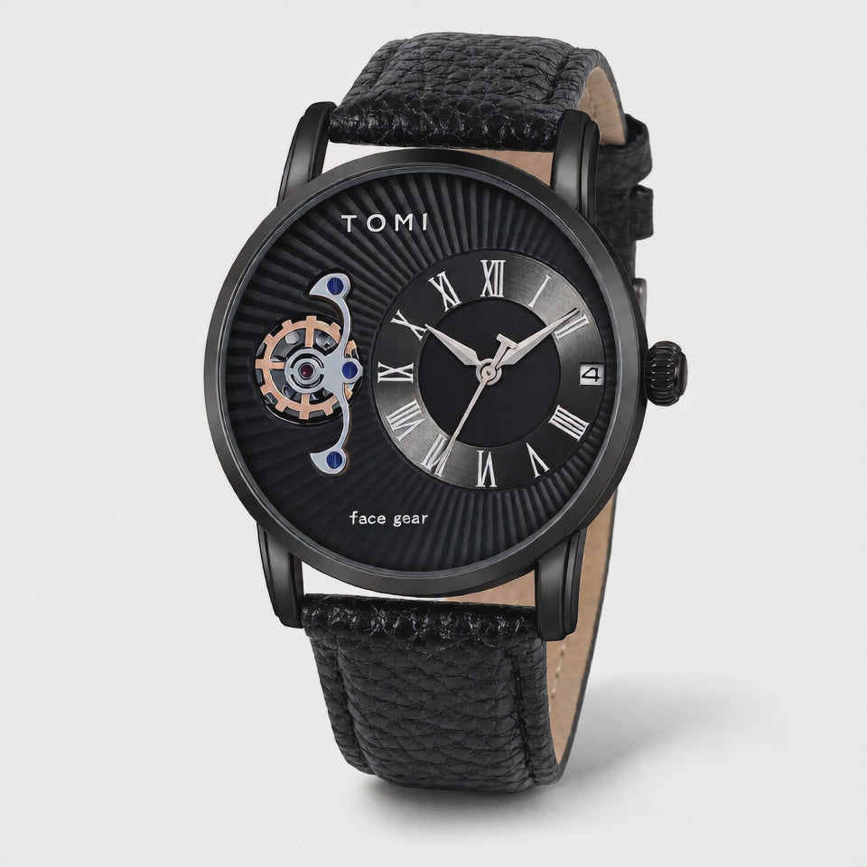 TOMI T104 quartz watch, slow cinematic push-in on the black Roman numeral dial and decorative face gear