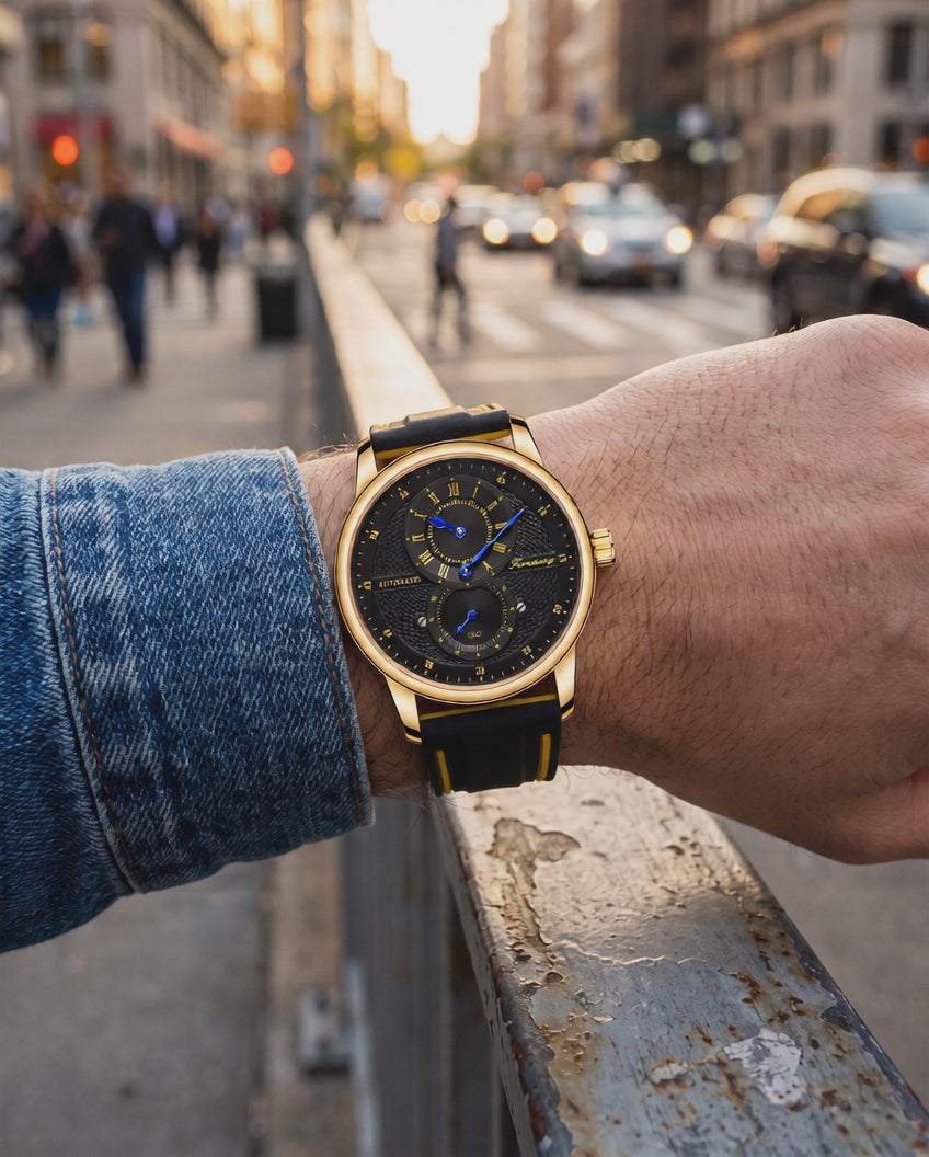 FORSINING automatic sport watch worn on a city street at golden hour, slow cinematic push-in