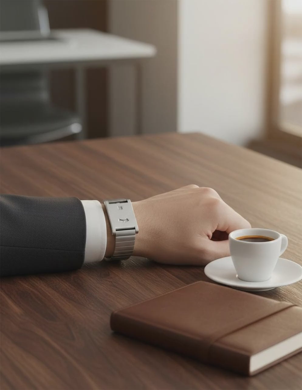 AWC rolling disc watch with steel bracelet worn at an office desk