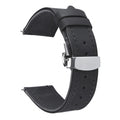 Black genuine leather quick-release watch strap with brushed steel deployant clasp