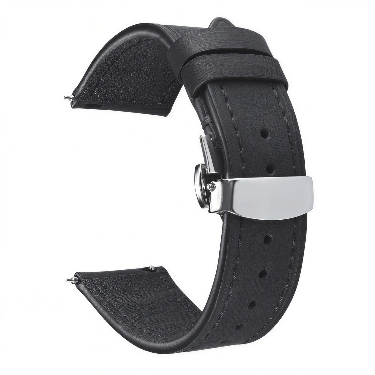 Black genuine leather quick-release watch strap with brushed steel deployant clasp