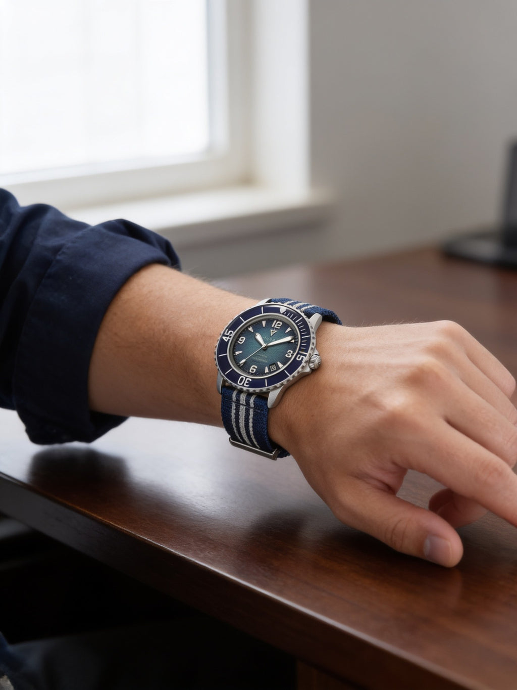 RESTORED navy colorway - AI wrist shot (not an ordered colorway)