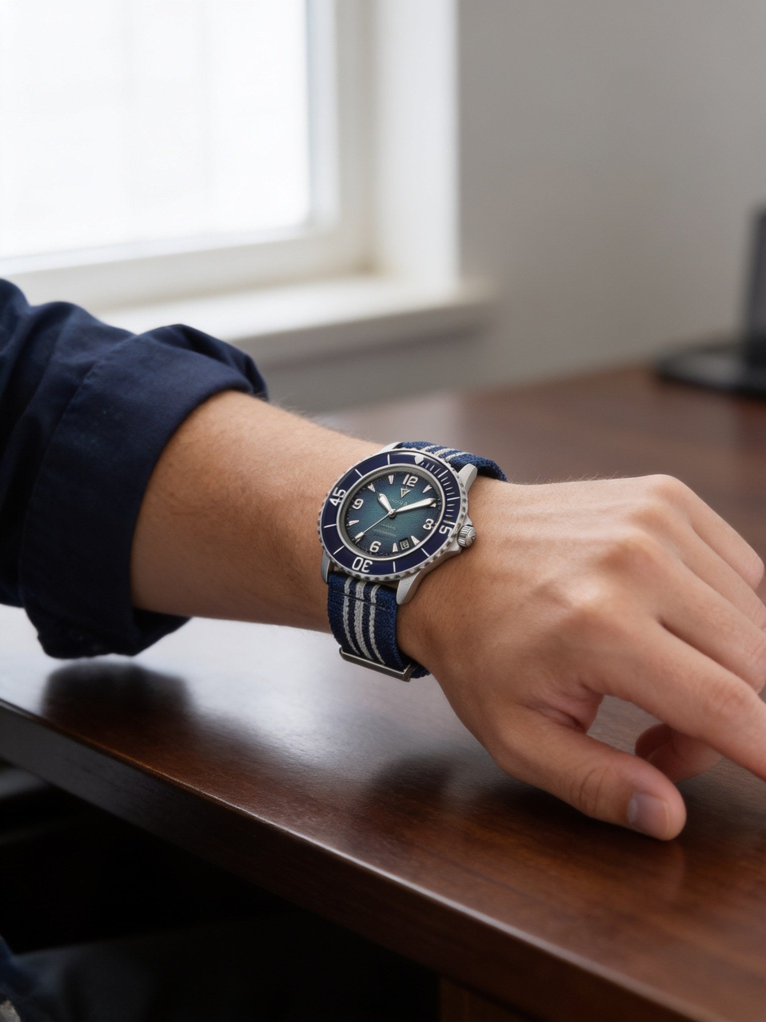 RESTORED navy colorway - AI wrist shot (not an ordered colorway)