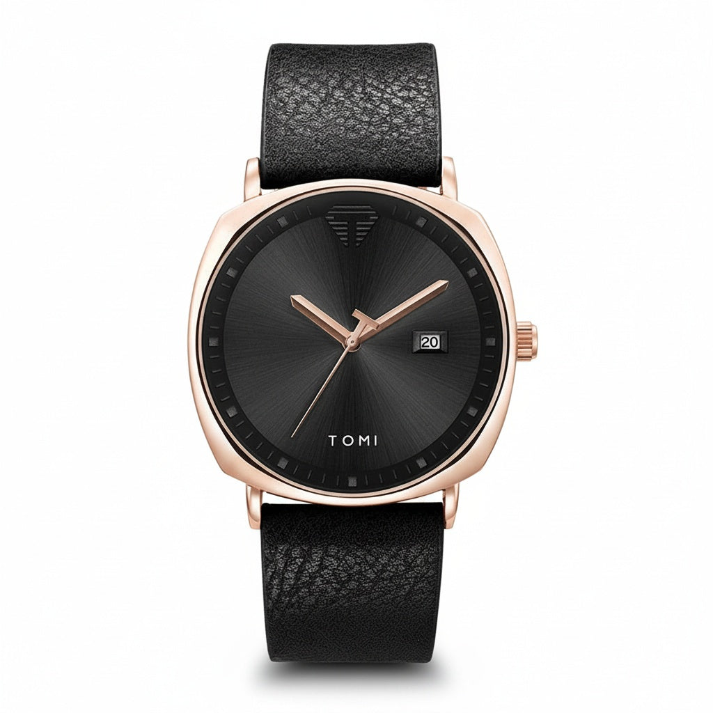 TOMI cushion-case quartz watch, gold case, black sunburst dial, black leather strap