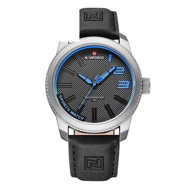 NAVIFORCE Week and Date 46mm black and blue dial leather strap