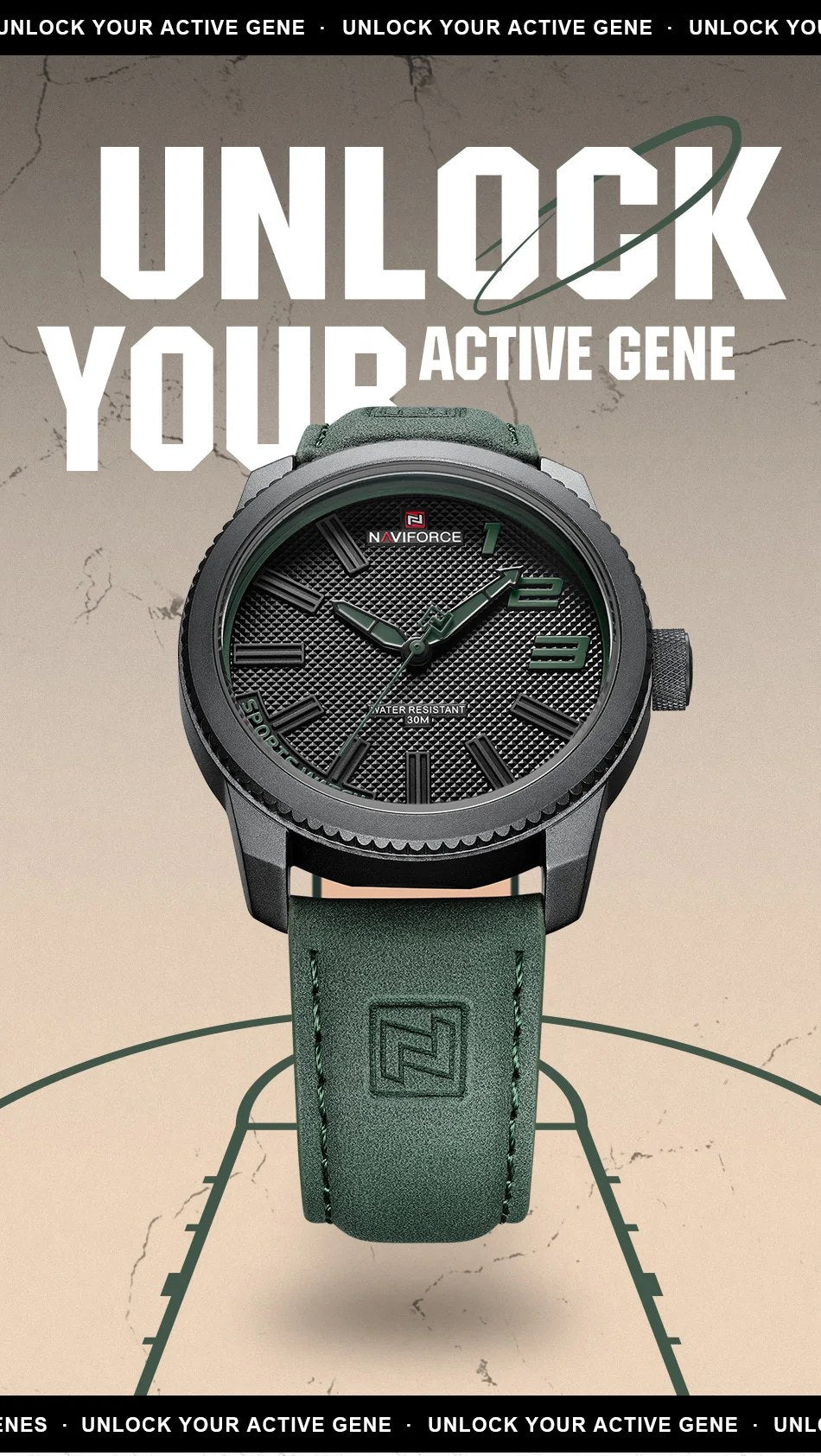NAVIFORCE Week and Date 46mm tan leather strap worn on wrist