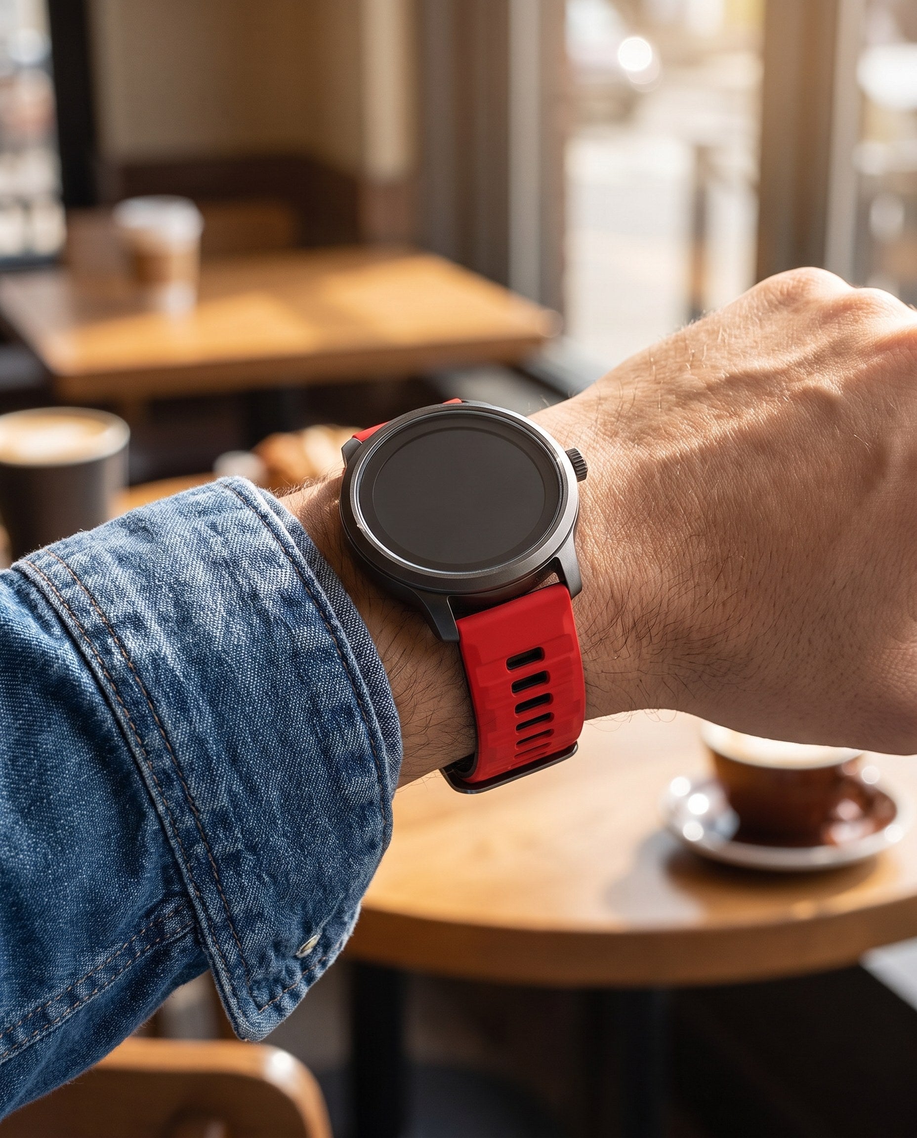 Red and black two-tone silicone quick-release watch strap on a watch in a casual setting