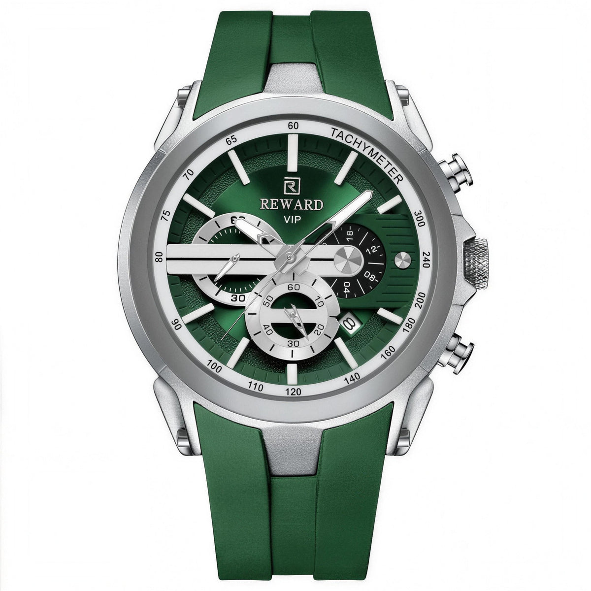 REWARD VIP quartz chronograph watch, 48mm, silver case with green dial and green silicone strap