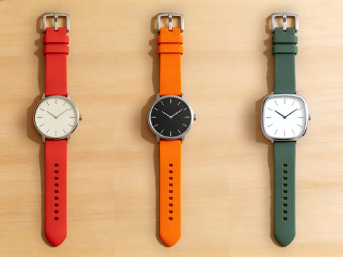 Red, orange and green 20mm solid-color silicone quick-release straps shown on three watches, flat lay on a maple table