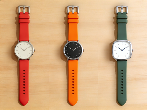 [ROG3c] Red, Orange and Green 20mm solid-color silicone quick-release straps shown on three watches, flat lay