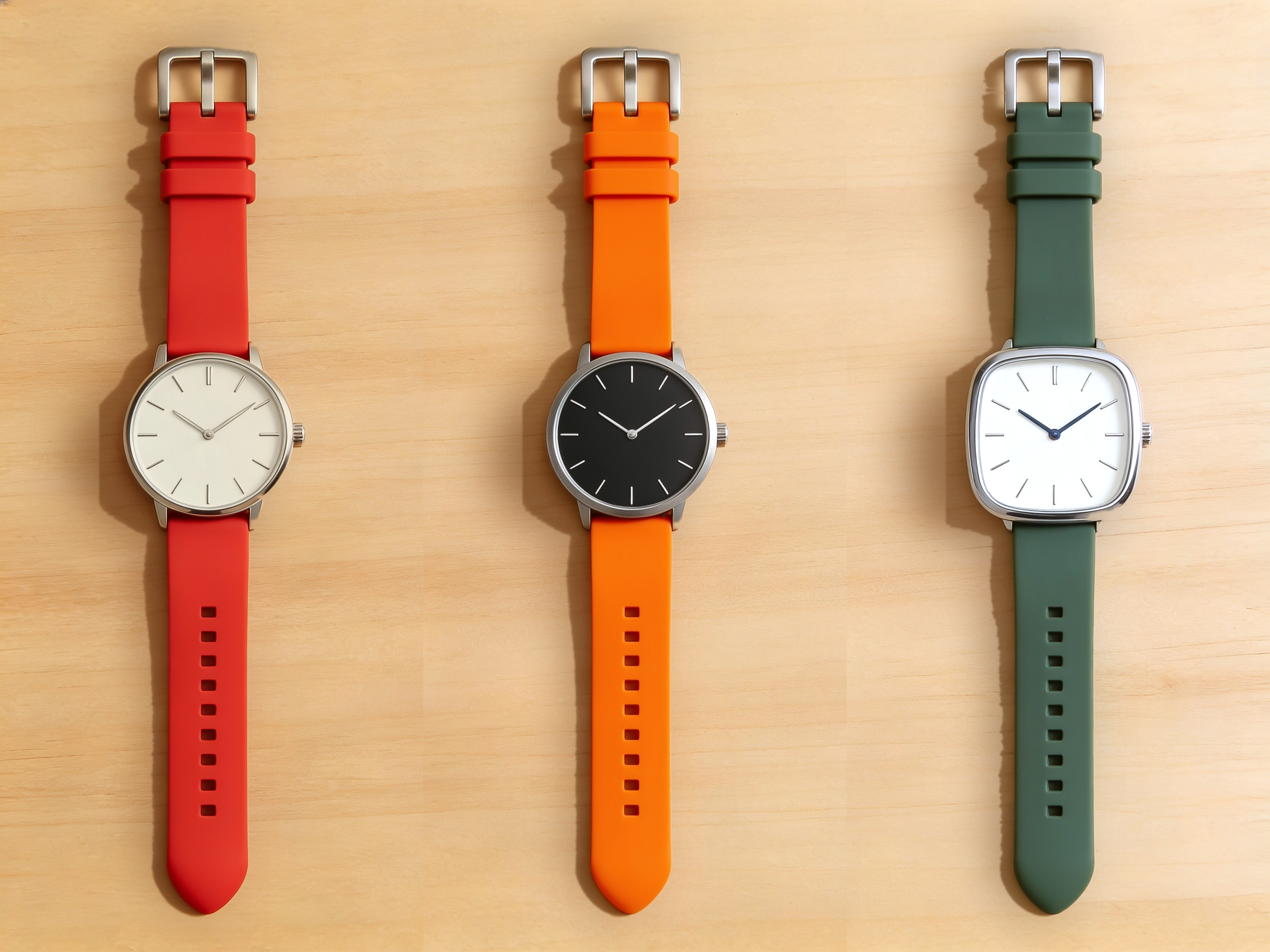 1GW Solid-color silicone quick-release strap, red orange and green flat lay