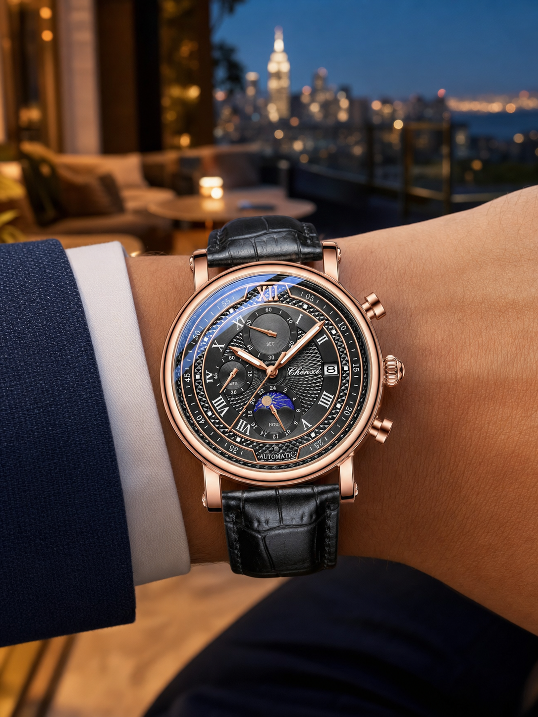1GW 44mm Black / Rose Gold layered Roman-dial quartz watch worn at an evening city terrace