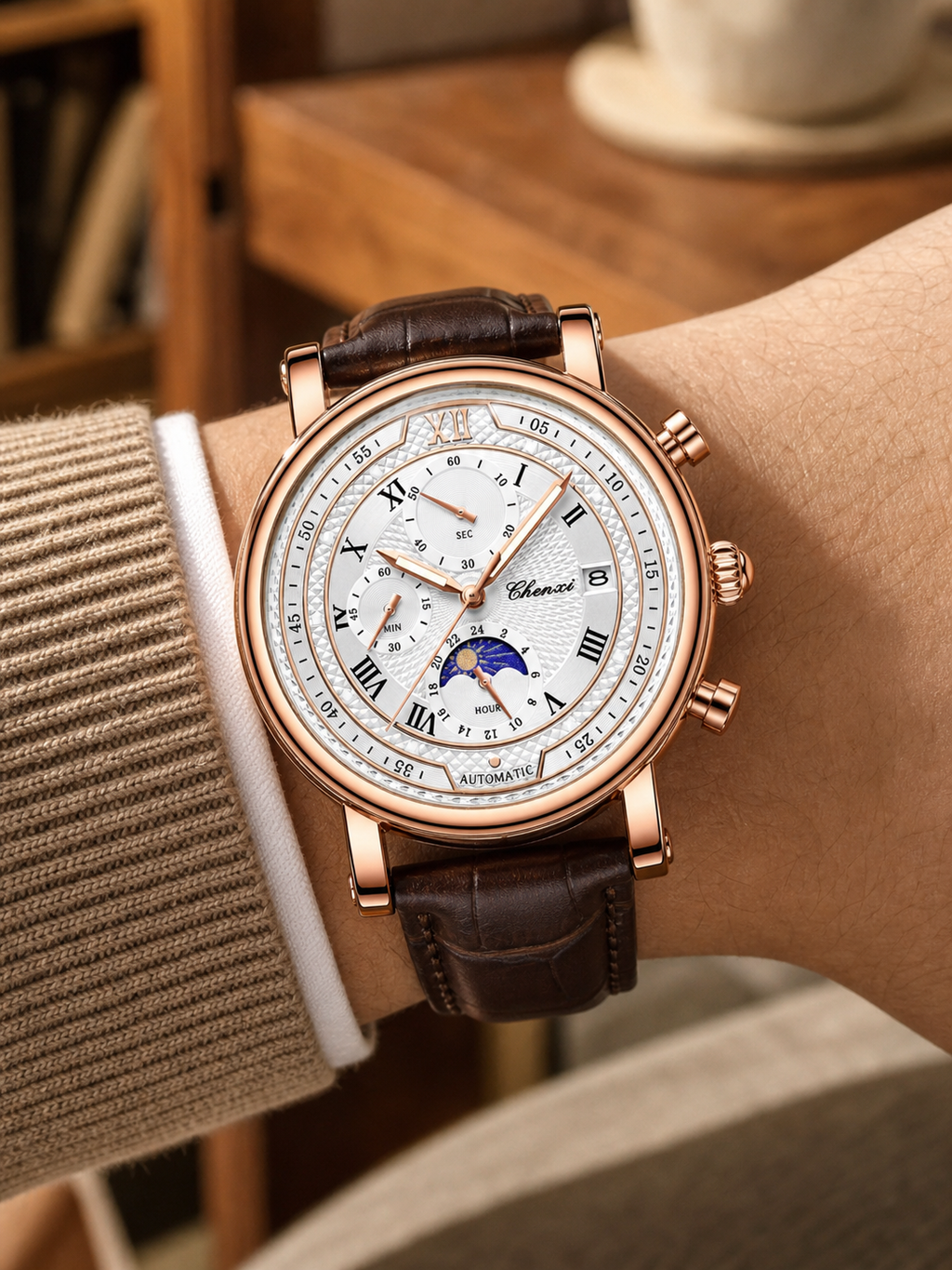 1GW 44mm Brown / White layered Roman-dial quartz watch worn in a warm café