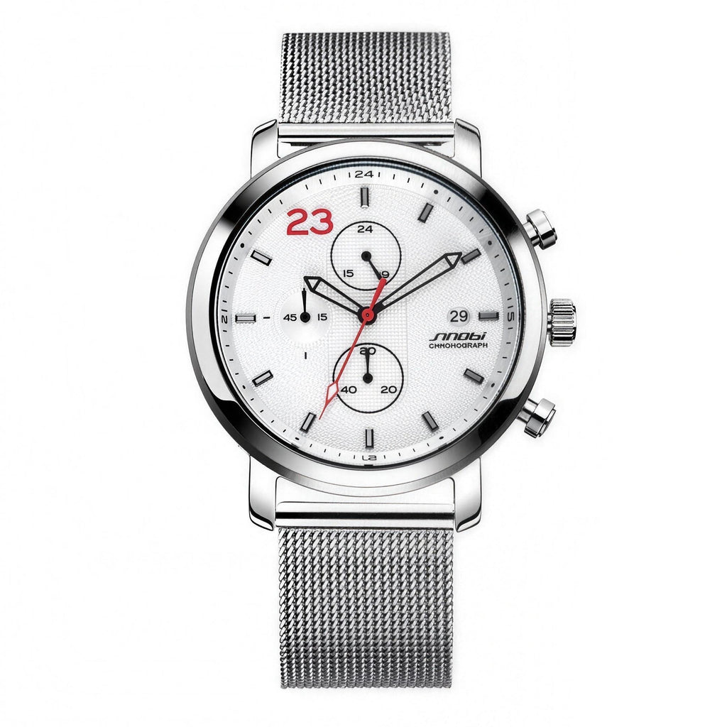 SINOBI S9765G white dial chronograph with red accents on a stainless-steel Milanese mesh bracelet, studio hero