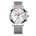 SINOBI S9765G white dial chronograph with red accents on a stainless-steel Milanese mesh bracelet, studio hero