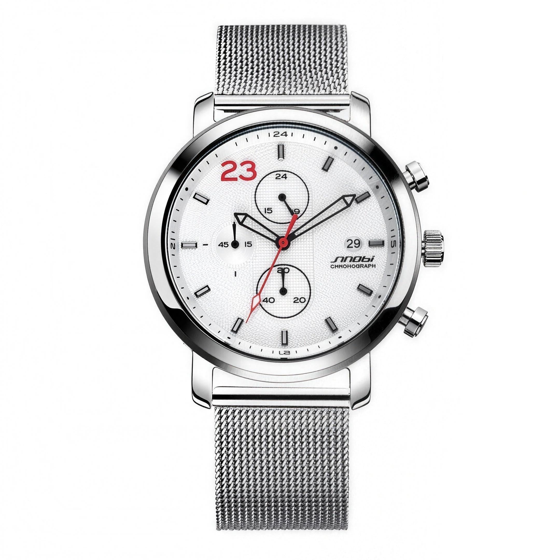 SINOBI S9765G white dial chronograph with red accents on a stainless-steel Milanese mesh bracelet, studio hero