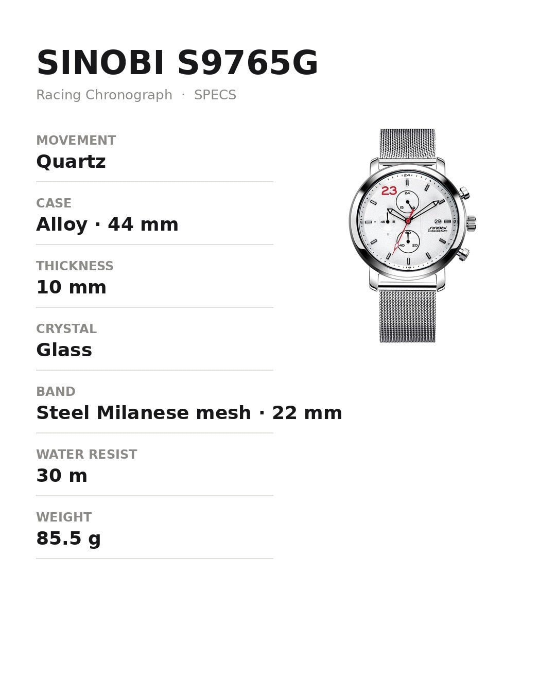 SINOBI S9765G specifications card