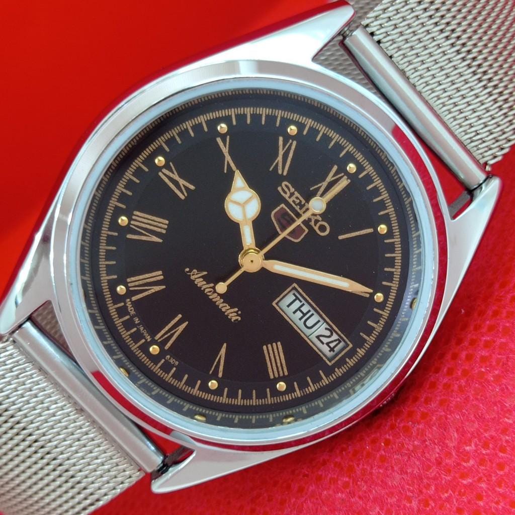 Vintage Seiko 5 6309A black Roman numeral dial a966 — exact watch photo 1