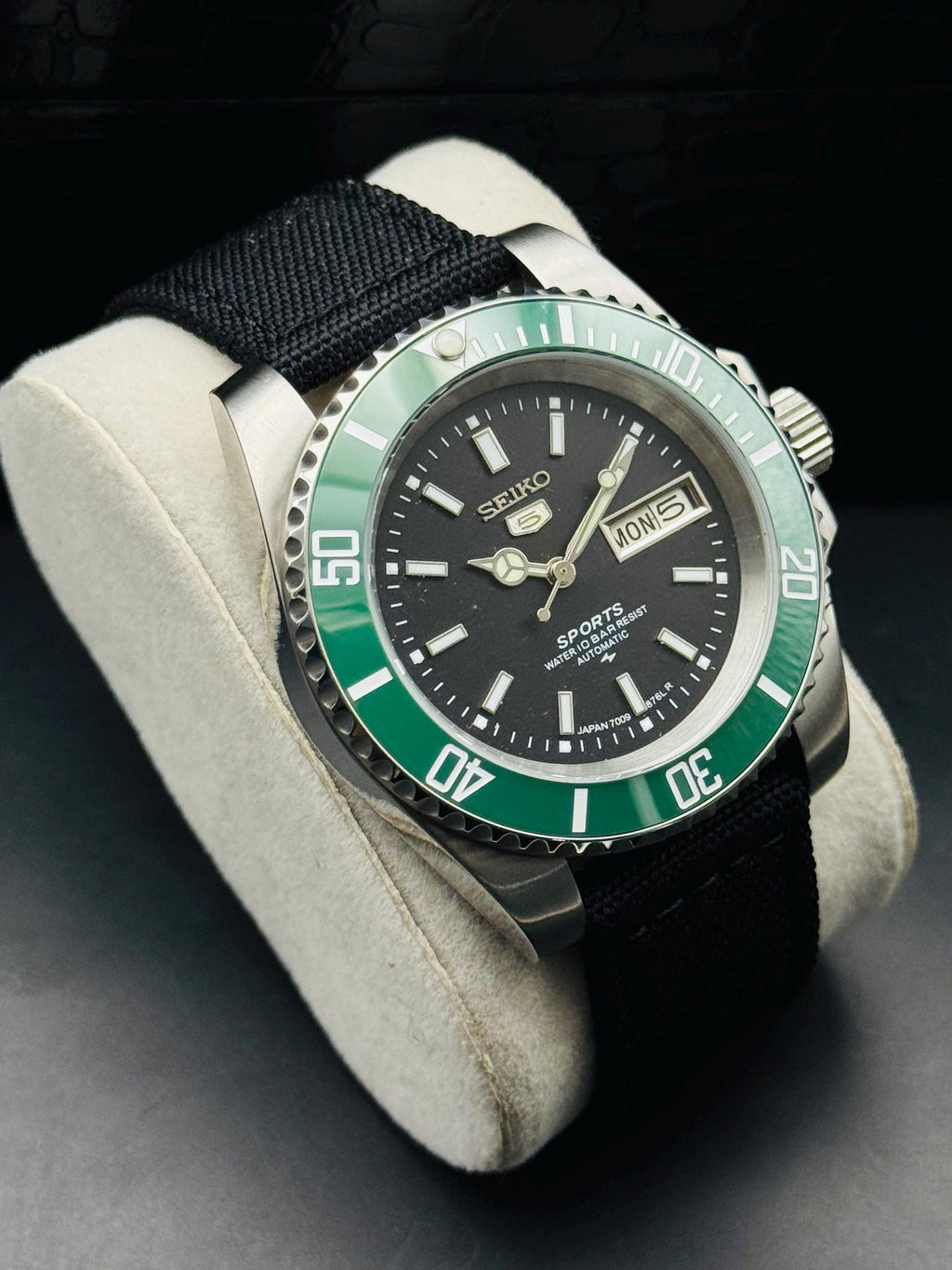 Seller-refurbished Seiko 5 Sports automatic with black nylon strap