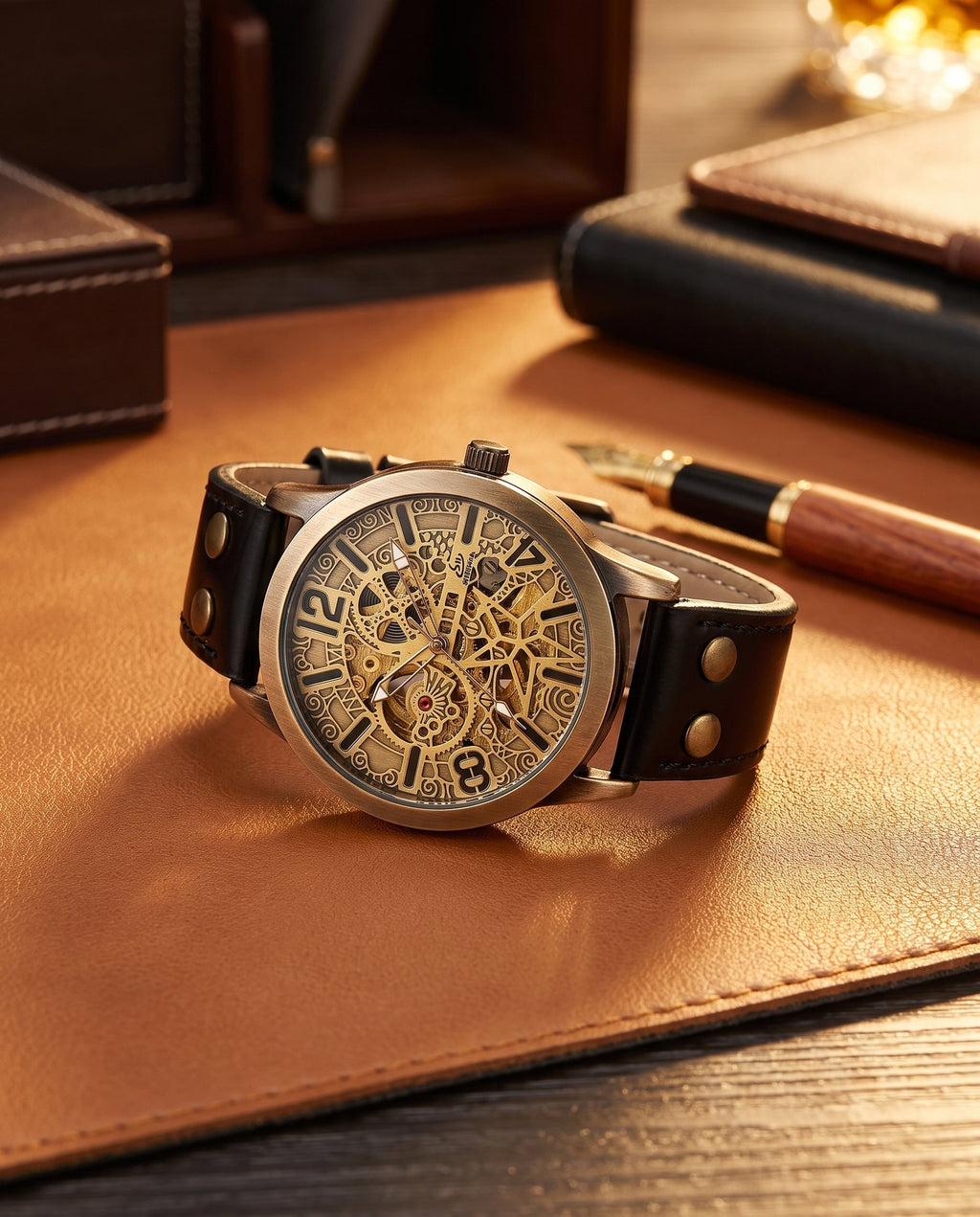 Shenhua bronze skeleton automatic watch on a leather desk mat beside a fountain pen