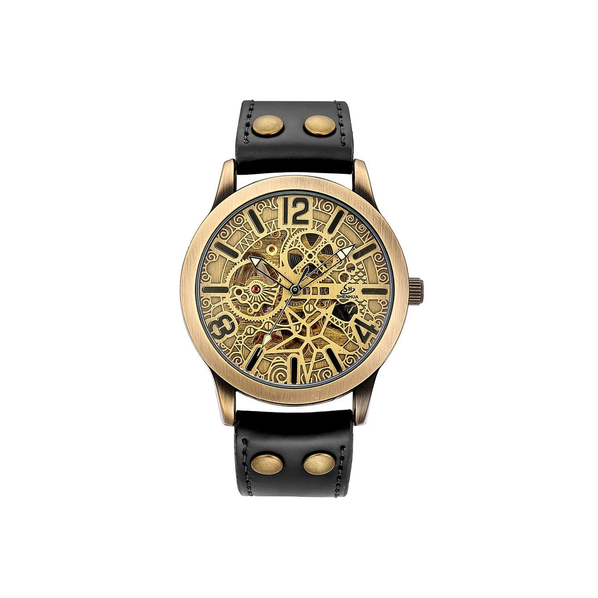 SHENHUA retro skeleton automatic watch with black leather strap on white background