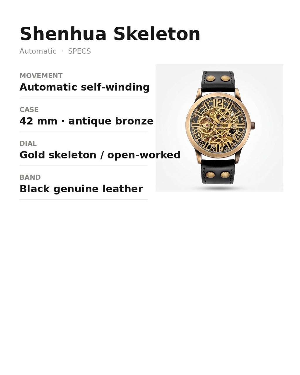 Shenhua skeleton automatic watch specifications card