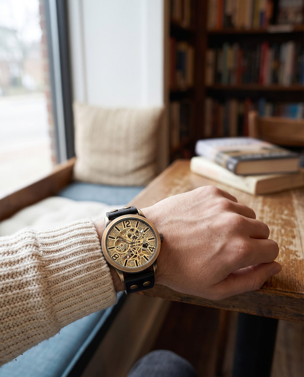Man in a cream sweater wearing the Shenhua bronze skeleton automatic watch
