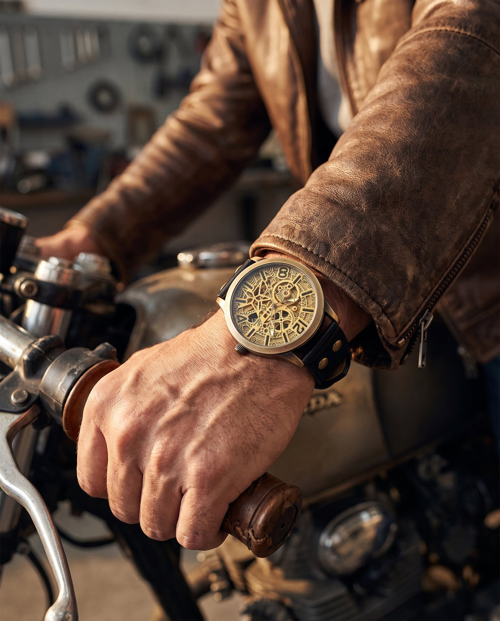 Man in a leather jacket wearing the AWC Shenhua bronze skeleton automatic watch while gripping a vintage motorcycle handlebar