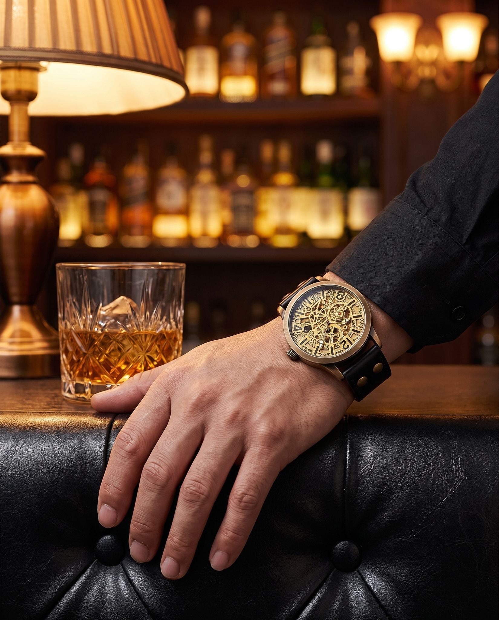 Man at a speakeasy bar wearing the AWC Shenhua bronze skeleton automatic watch beside a glass of whiskey