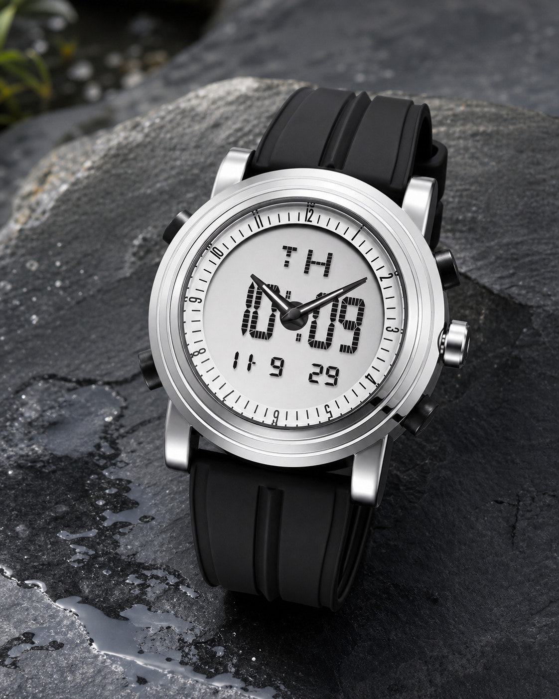 SINOBI S9368G black analog-digital sports watch on wet charcoal slate